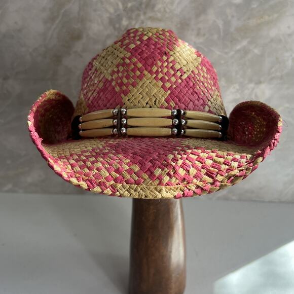 Leather & Hat Company Cowboy Hat Women\'s M Pink Tan Woven Straw Beaded Band main image 10